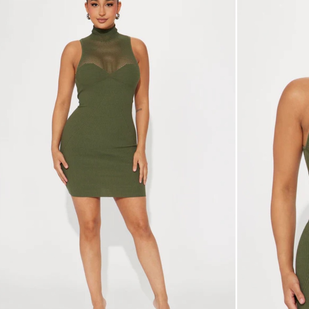 Fashion Nova Olive Green Ribbed Mock Neck Bodycon Dress